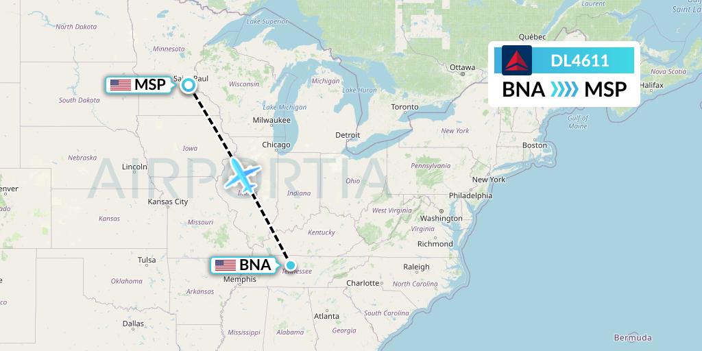 DL4611 Delta Air Lines Flight Map: Nashville to Minneapolis