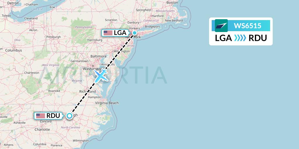 WS6515 WestJet Flight Map: New York to Raleigh-Durham