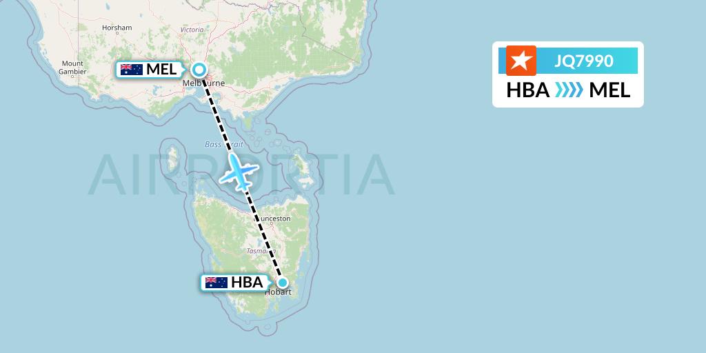 JQ7990 Jetstar Airways Flight Map: Hobart to Melbourne