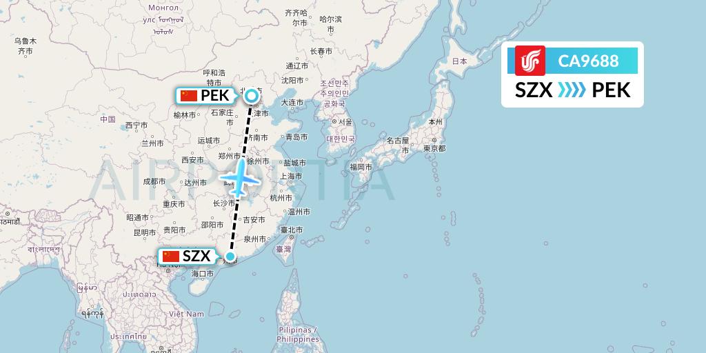 CA9688 Air China Flight Map: Shenzhen to Beijing