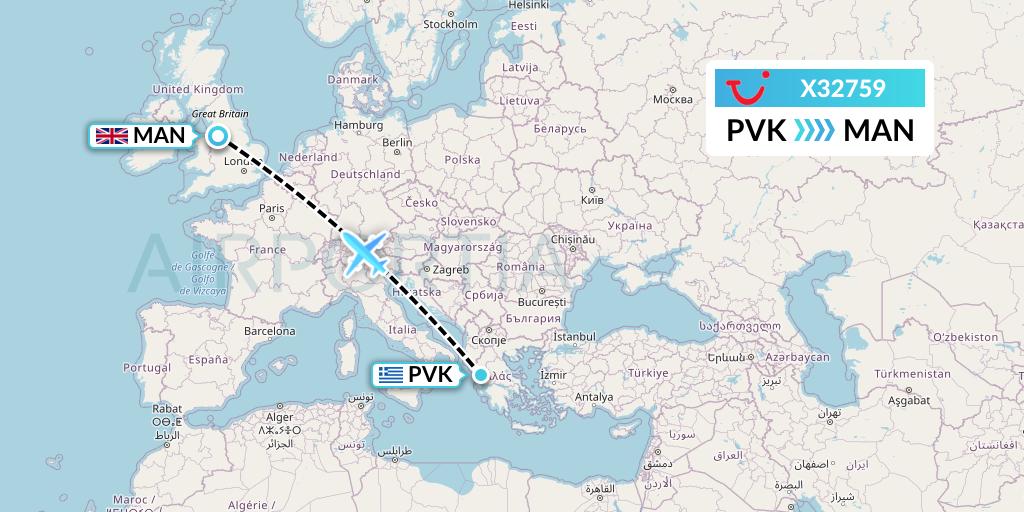 X32759 TUI fly Germany Flight Map: Preveza to Manchester
