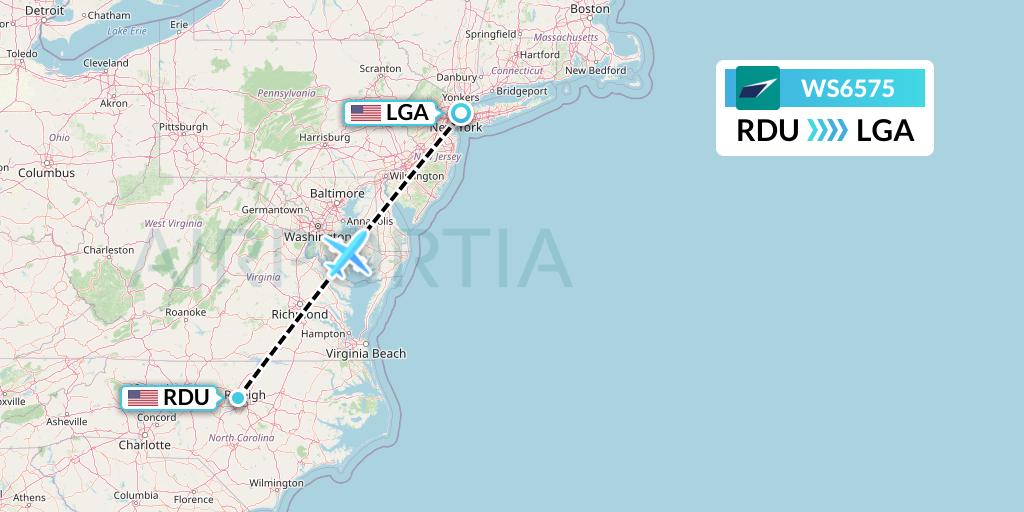 WS6575 WestJet Flight Map: Raleigh-Durham to New York