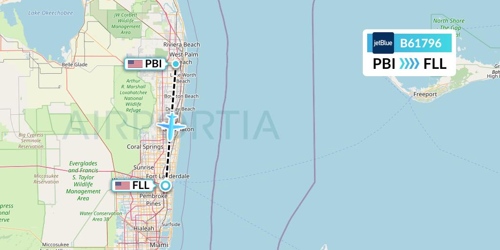 B61796 JetBlue Airways Flight Map: West Palm Beach to Fort Lauderdale