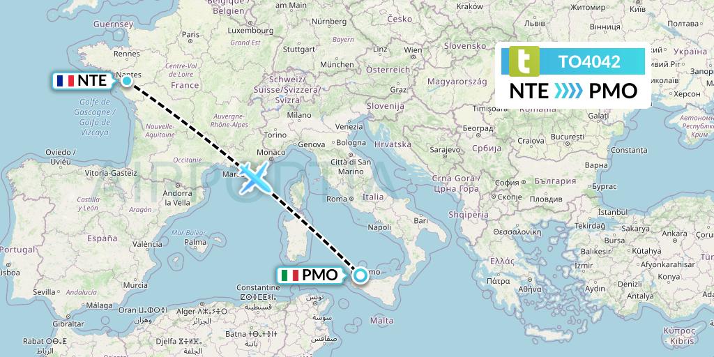TO4042 Transavia France Flight Map: Nantes to Palermo