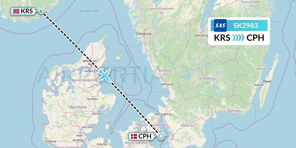 SK2983 SAS Flight Map: Kristiansand to Copenhagen