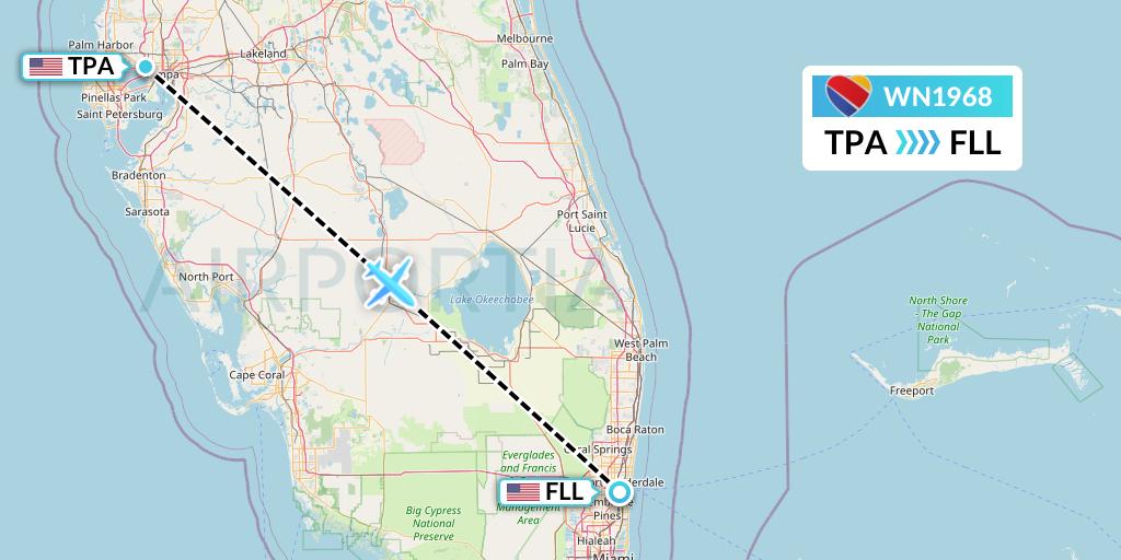 WN1968 Southwest Airlines Flight Map: Tampa to Fort Lauderdale