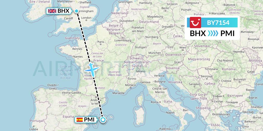 BY7154 TUI Airways Flight Map: Birmingham to Palma de Mallorca