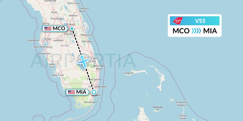VS5 Virgin Atlantic Airways Flight Map: Orlando to Miami