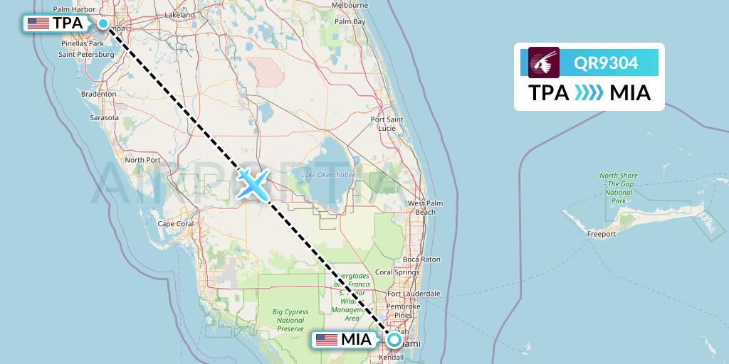 QR9304 Qatar Airways Flight Map: Tampa to Miami