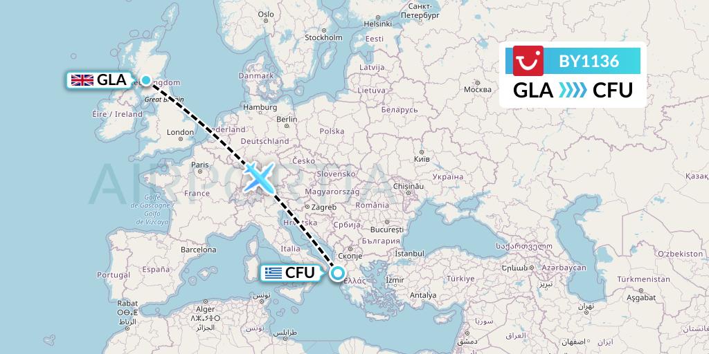 BY1136 TUI Airways Flight Map: Glasgow to Corfu