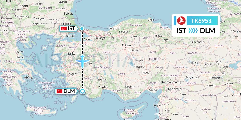 TK6953 Turkish Airlines Flight Map: Istanbul to Dalaman