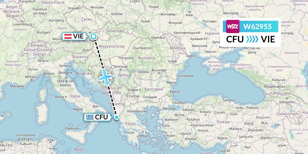 W62955 Wizz Air Flight Map: Corfu to Vienna