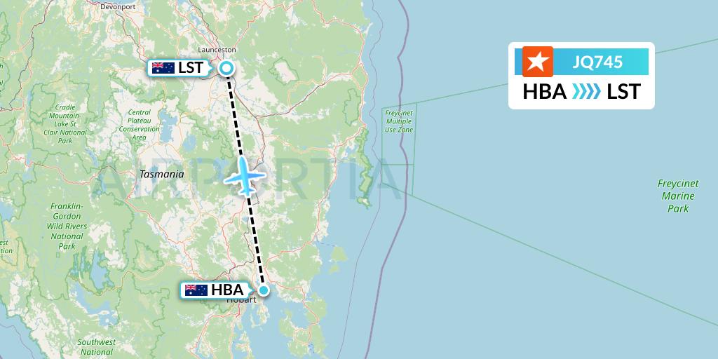 JQ745 Jetstar Airways Flight Map: Hobart to Launceston