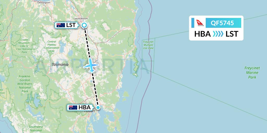 QF5745 Qantas Flight Map: Hobart to Launceston
