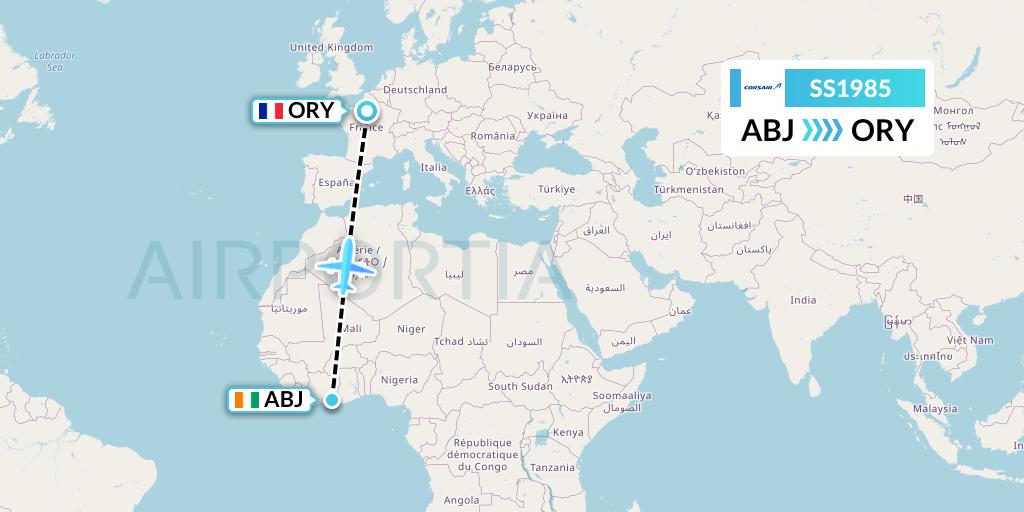 SS1985 Corsair Flight Map: Abidjan to Paris