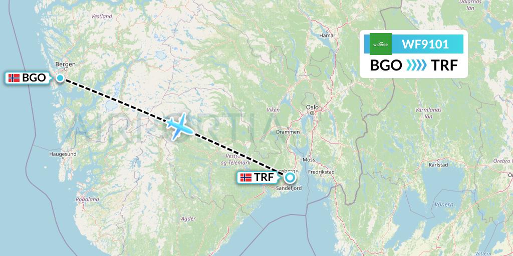 WF9101 Wideroe Flight Map: Bergen to Oslo