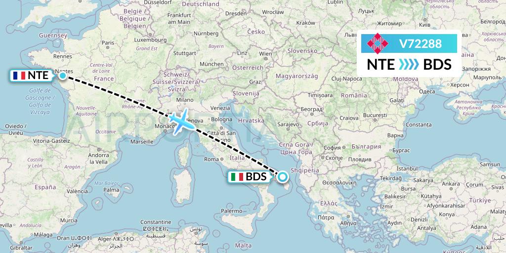 V72288 Volotea Flight Map: Nantes to Brindisi