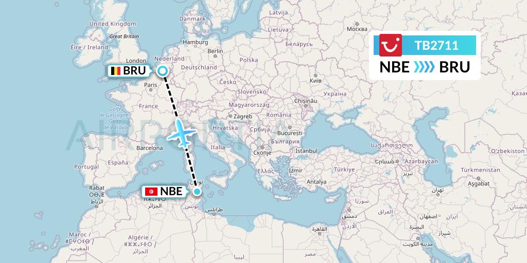 TB2711 TUI fly Belgium Flight Map: Enfidha to Brussels