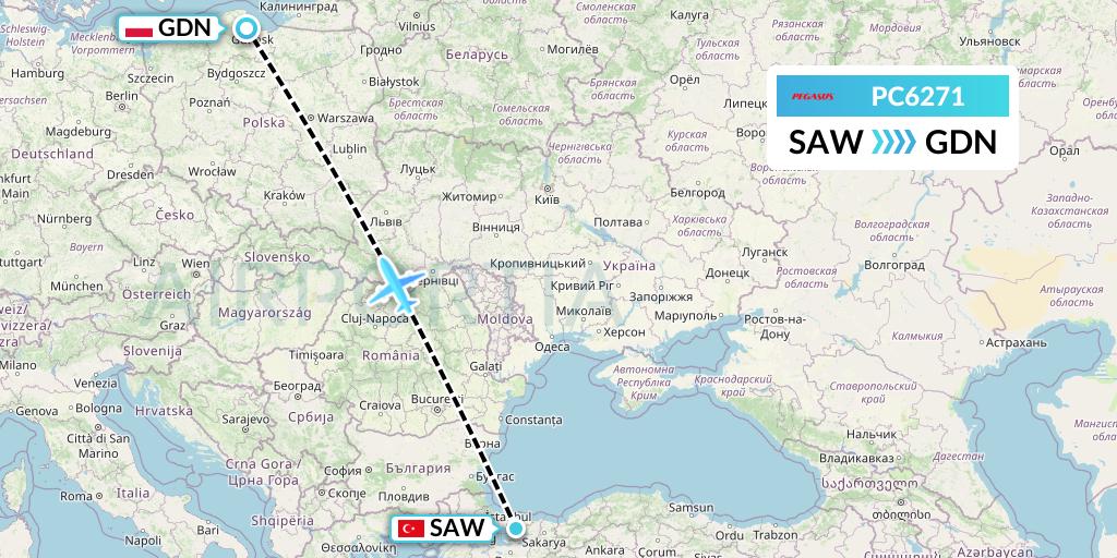 PC6271 Pegasus Airlines Flight Map: Istanbul to Gdansk