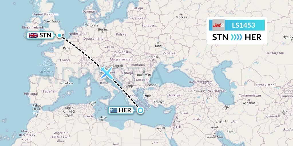 LS1453 Jet2 Flight Map: London to Heraklion