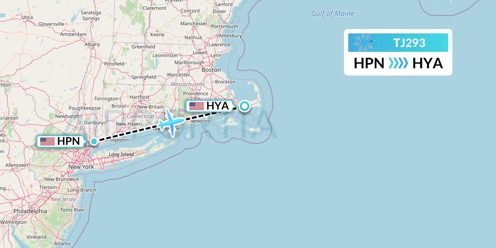 TJ293 Tradewind Aviation Flight Map: White Plains to Hyannis