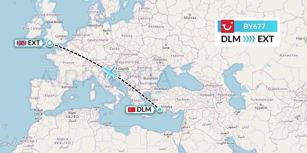 BY677 TUI Airways Flight Map: Dalaman to Exeter