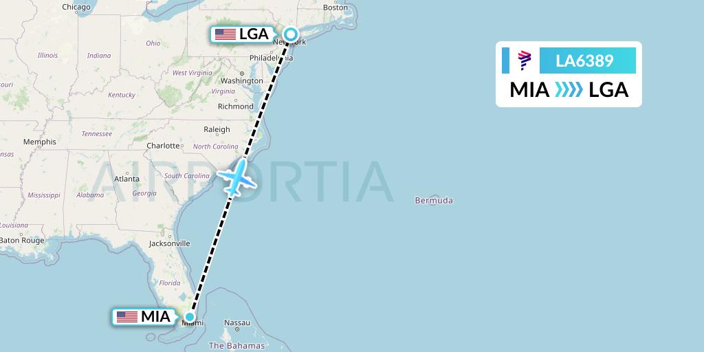 LA6389 LAN Airlines Flight Map: Miami to New York