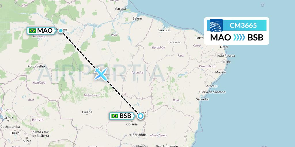 CM3665 Copa Airlines Flight Map: Manaus to Brasilia