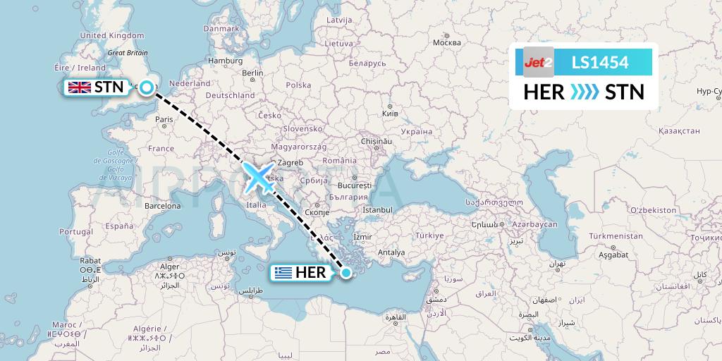 LS1454 Jet2 Flight Map: Heraklion to London