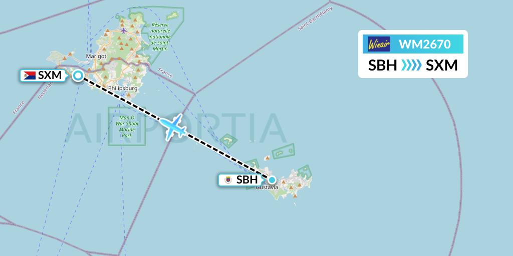 WM2670 Winair Flight Map: St. Jean to Sint Maarten