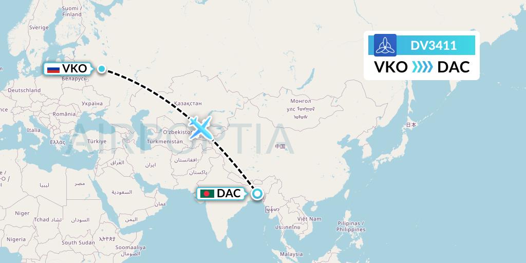 DV3411 SCAT Flight Map: Moscow to Dhaka