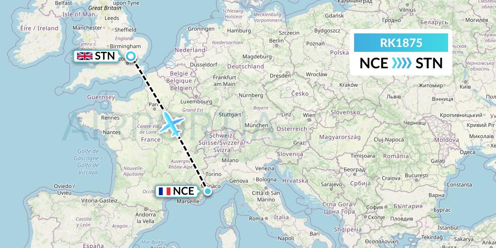 RK1875 Ryanair UK Flight Map: Nice to London