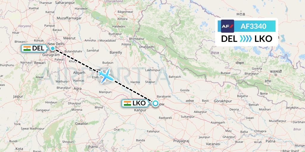 AF3340 Air France Flight Map: Delhi to Lucknow