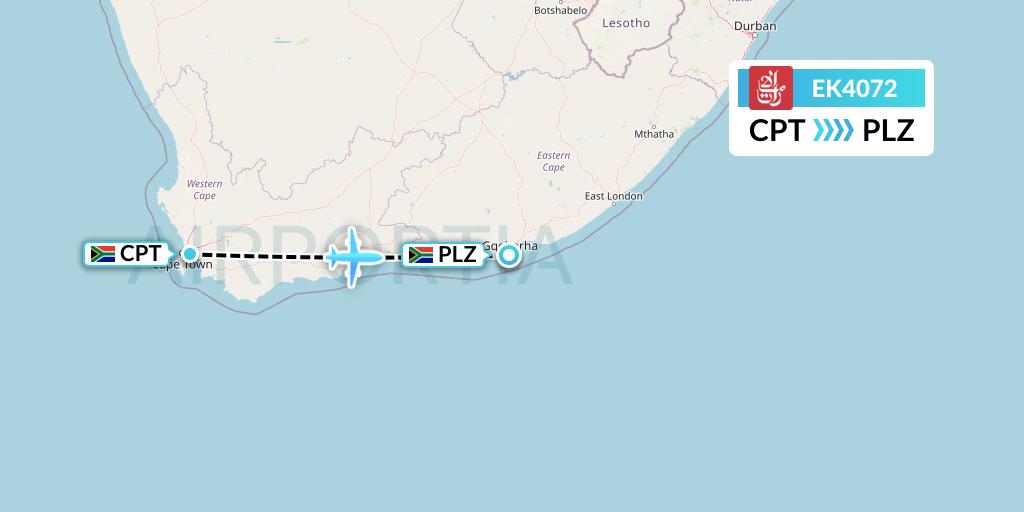 EK4072 Emirates Flight Map: Cape Town to Port Elizabeth