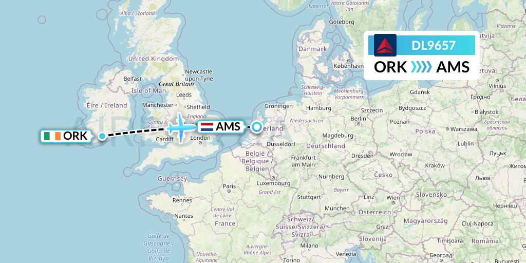 DL9657 Delta Air Lines Flight Map: Cork to Amsterdam