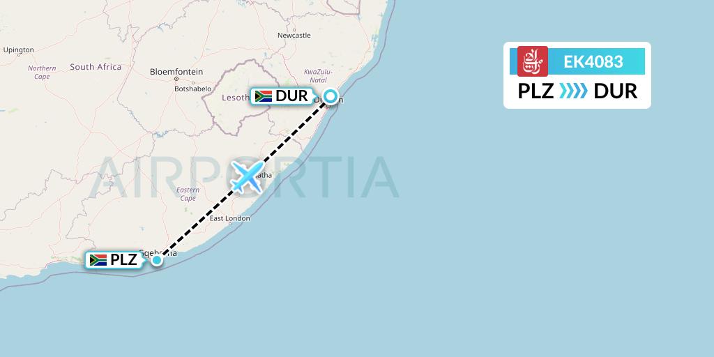 EK4083 Emirates Flight Map: Port Elizabeth to Durban