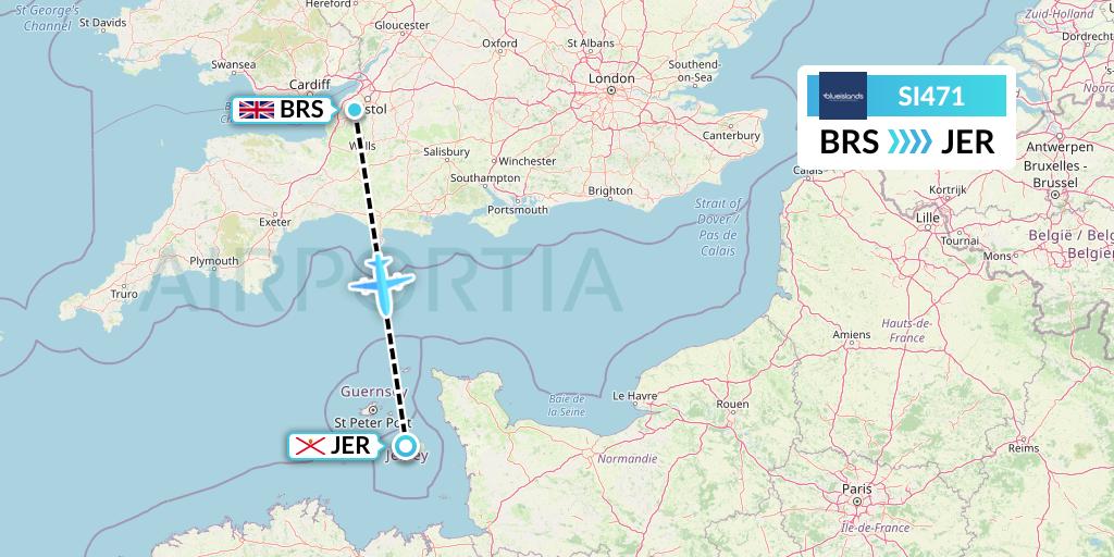 SI471 Blue Islands Flight Map: Bristol to Jersey