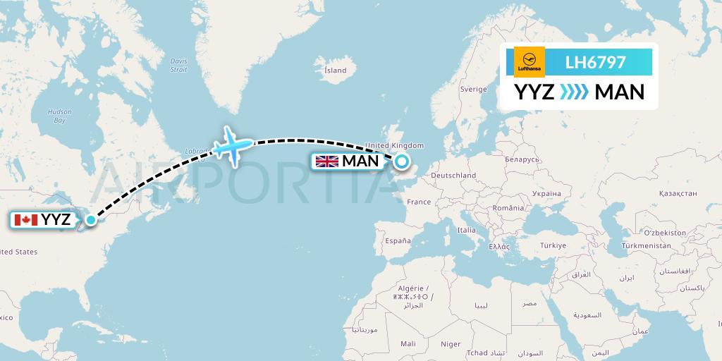 LH6797 Lufthansa Flight Map: Toronto to Manchester