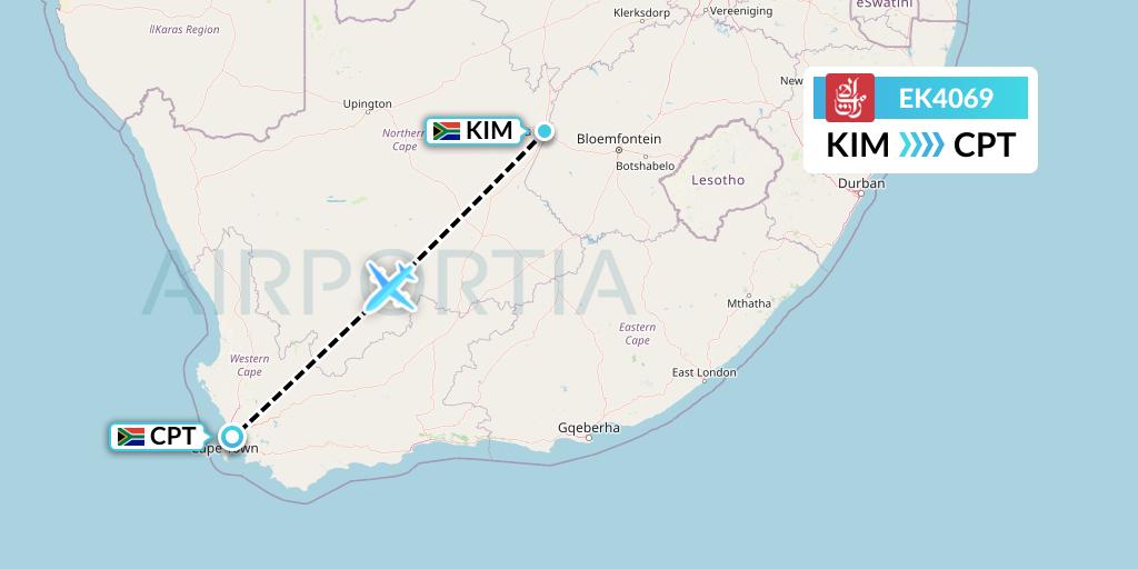 EK4069 Emirates Flight Map: Kimberley to Cape Town