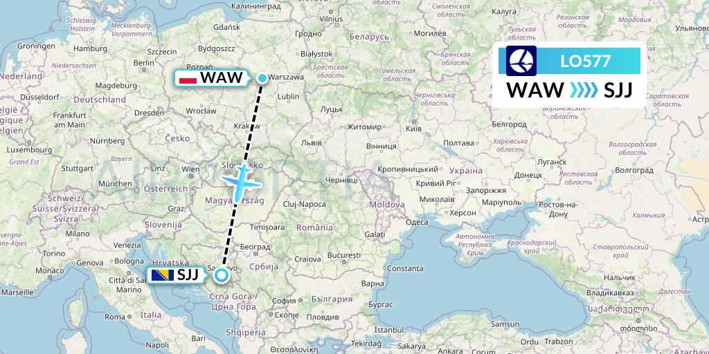 LO577 LOT Flight Map: Warsaw to Sarajevo