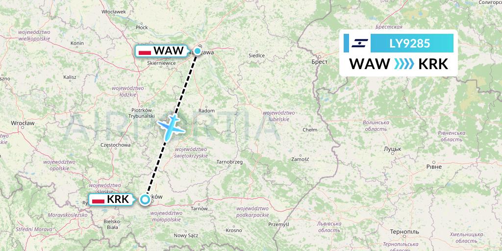 LY9285 El Al Flight Map: Warsaw to Krakow