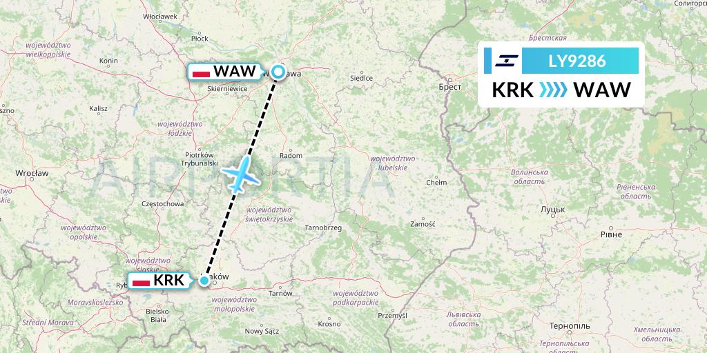 LY9286 El Al Flight Map: Krakow to Warsaw