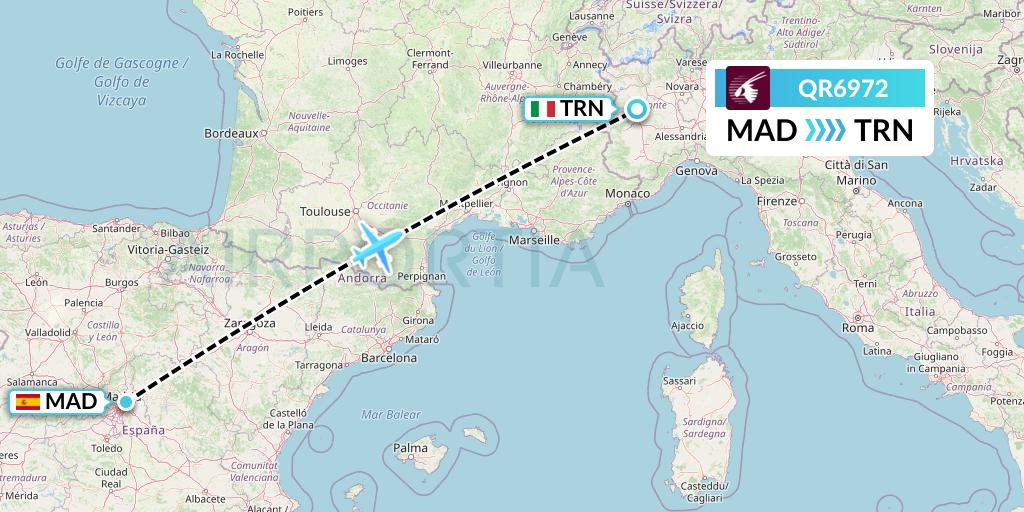 QR6972 Qatar Airways Flight Map: Madrid to Turin