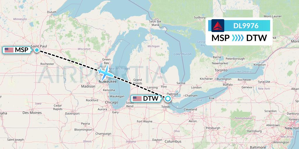 DL9976 Delta Air Lines Flight Map: Minneapolis to Detroit