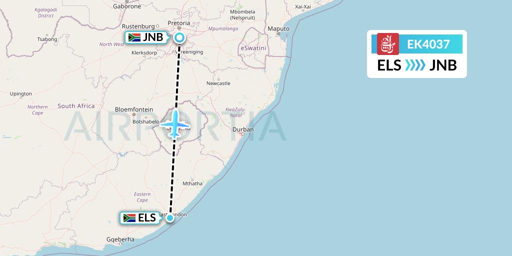 EK4037 Emirates Flight Map: East London to Johannesburg