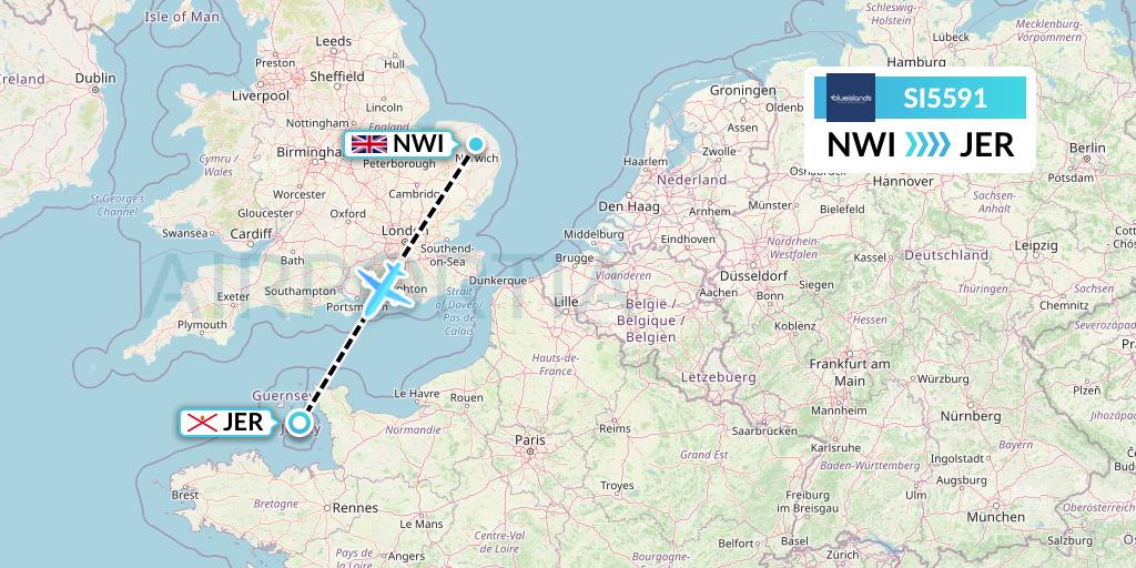 SI5591 Blue Islands Flight Map: Norwich to Jersey