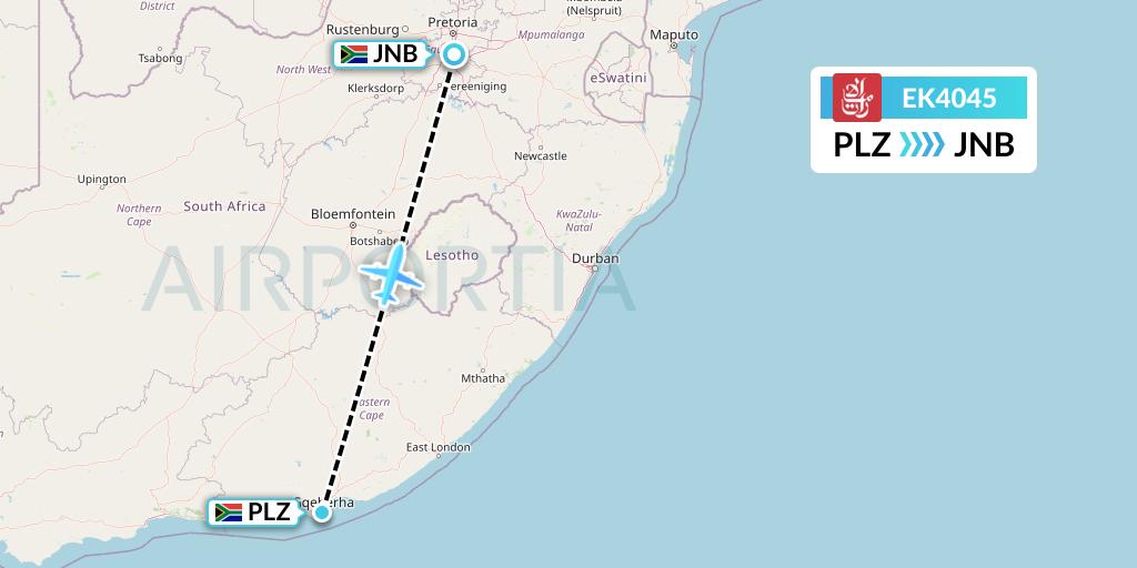 EK4045 Emirates Flight Map: Port Elizabeth to Johannesburg