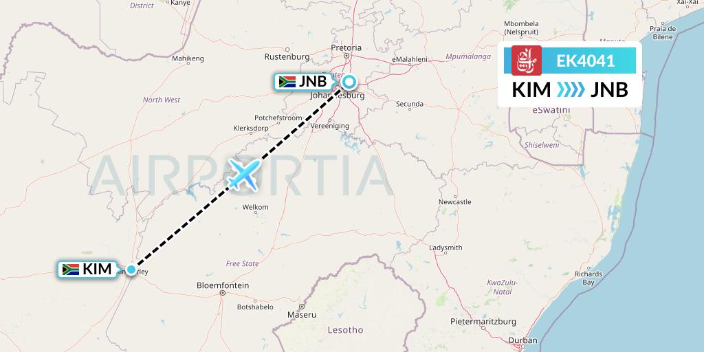 EK4041 Emirates Flight Map: Kimberley to Johannesburg