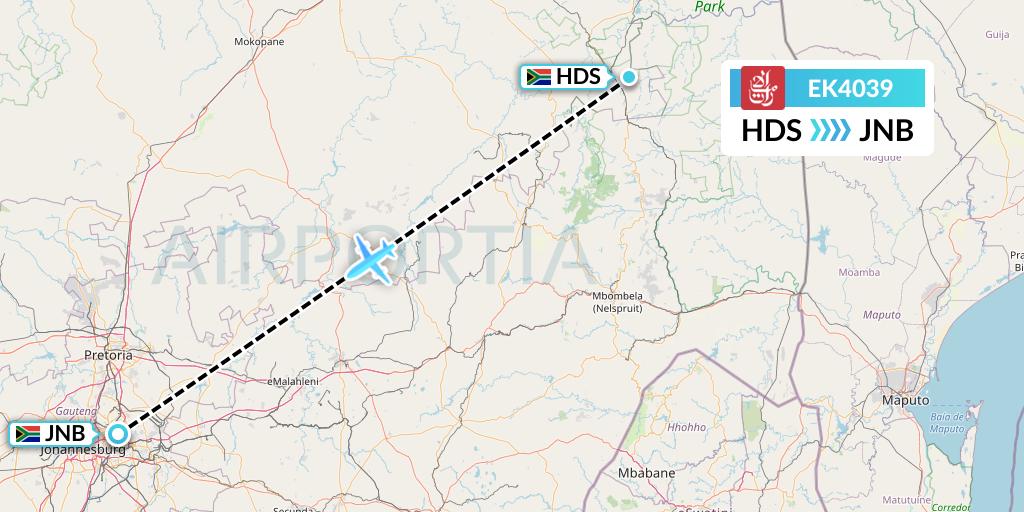 EK4039 Emirates Flight Map: Hoedspruit to Johannesburg