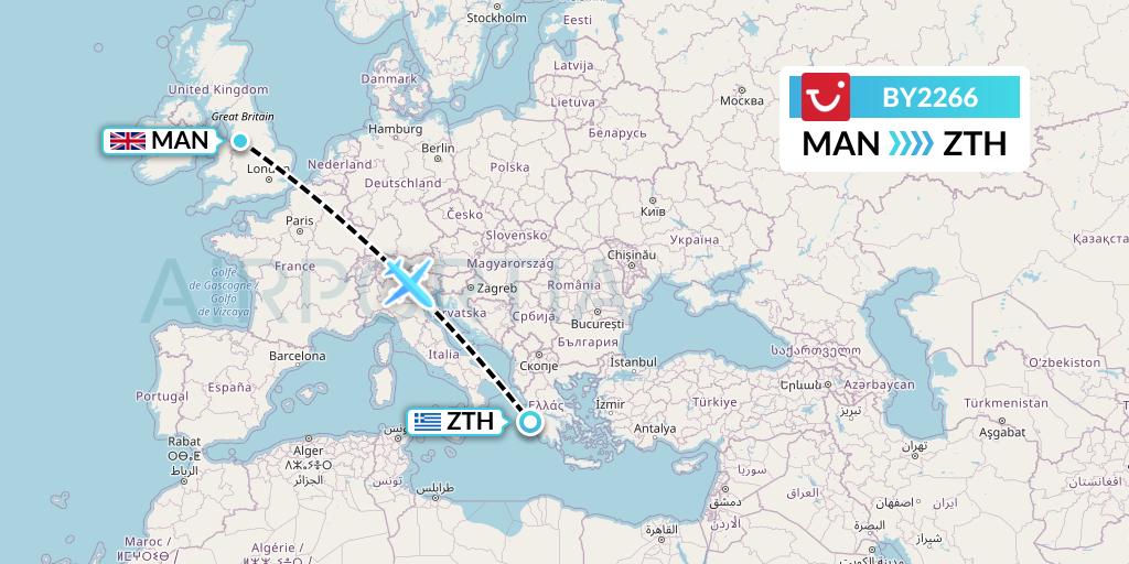 BY2266 TUI Airways Flight Map: Manchester to Zakynthos